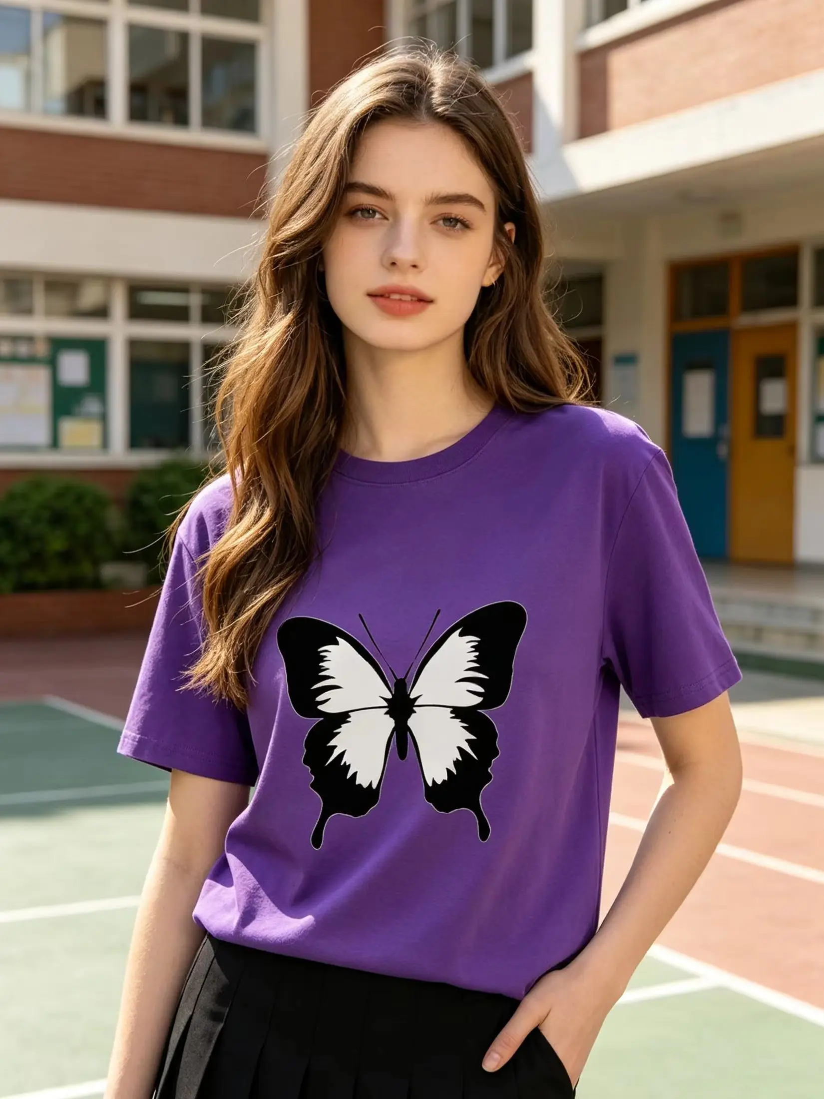 Women 100% Cotton Front Butterfly Soft Skin Friendly Fit T-Shirt Unisex Outdoor Multiple Ladies Styles Casual Basic Daily Tops