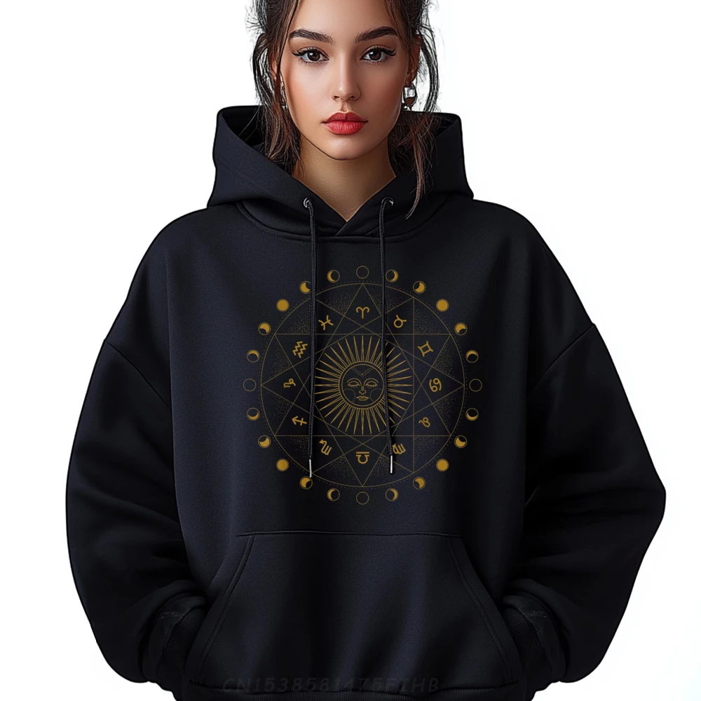 

Boho Astrology Horoscope Sun With Face Adult Classic Casual Hoodies O Neck Funky Hoodies Design Long Sleeve Tops