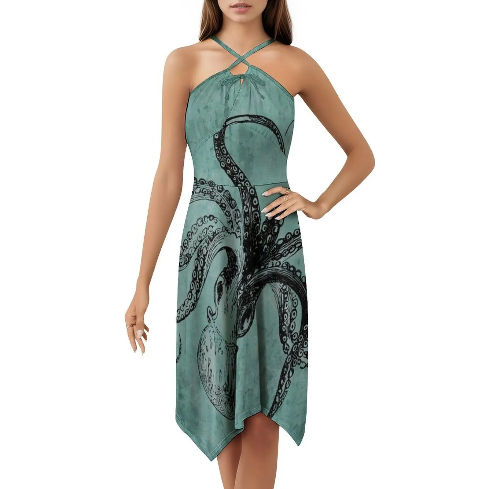 Vintage Octopus Bohemian Sleeveless Dress Multi-Print Beach Vacation Party Dress Vintage Octopus Sea Sea Creature Nature Female