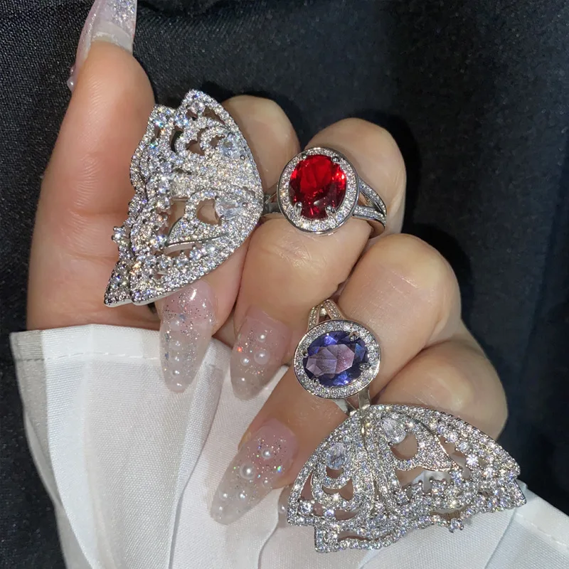 Anillo de mariposa exagerado para mujer, Bola de boda, joyería de lujo, compromiso, regalo del Día de San Valentín, tamaño ajustable, 697