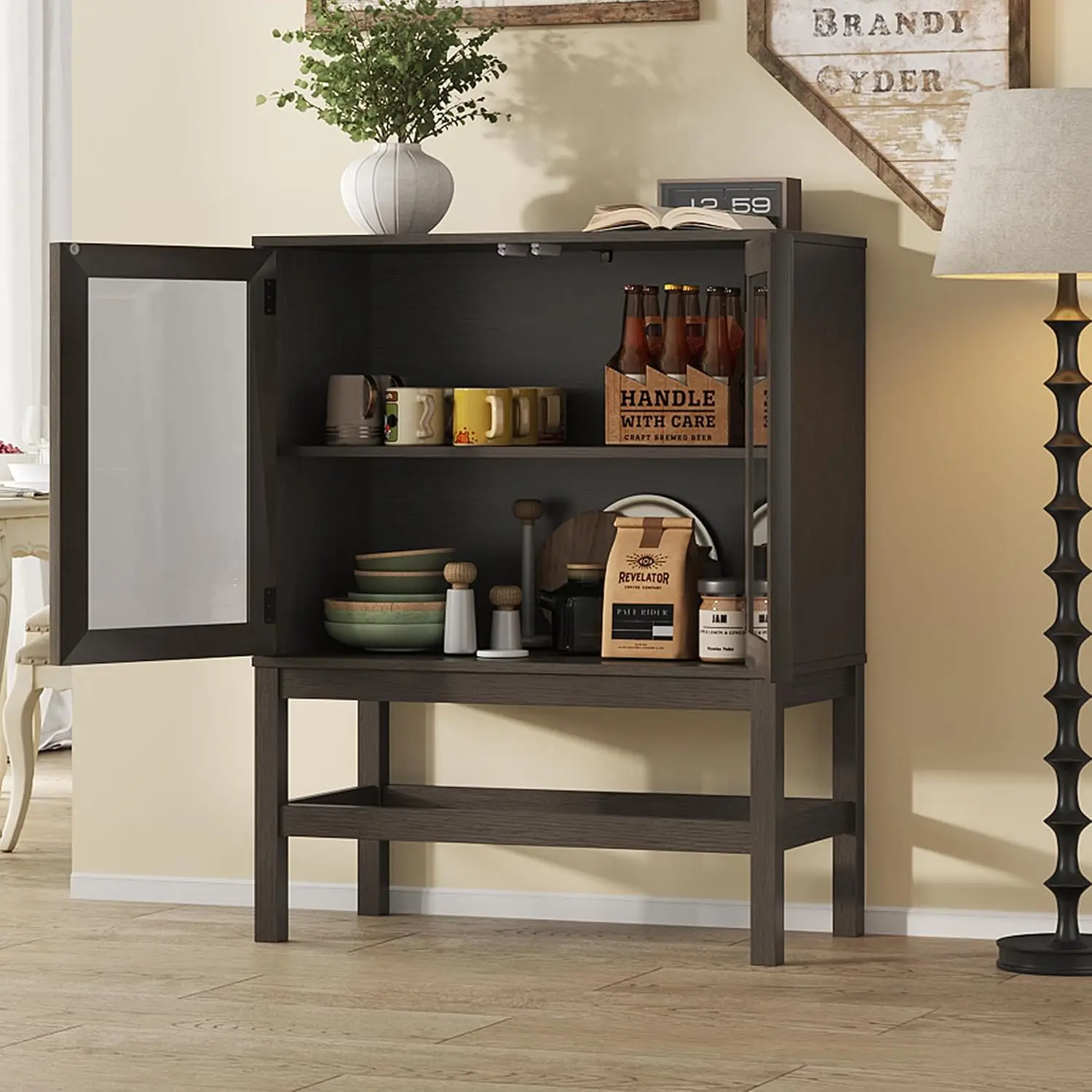 Sideboard Buffet Cabinet with Storage, Small Kitchen Coffee Wine Bar Cabinet with Glass Press-to-Open Doors, Wood, Customized