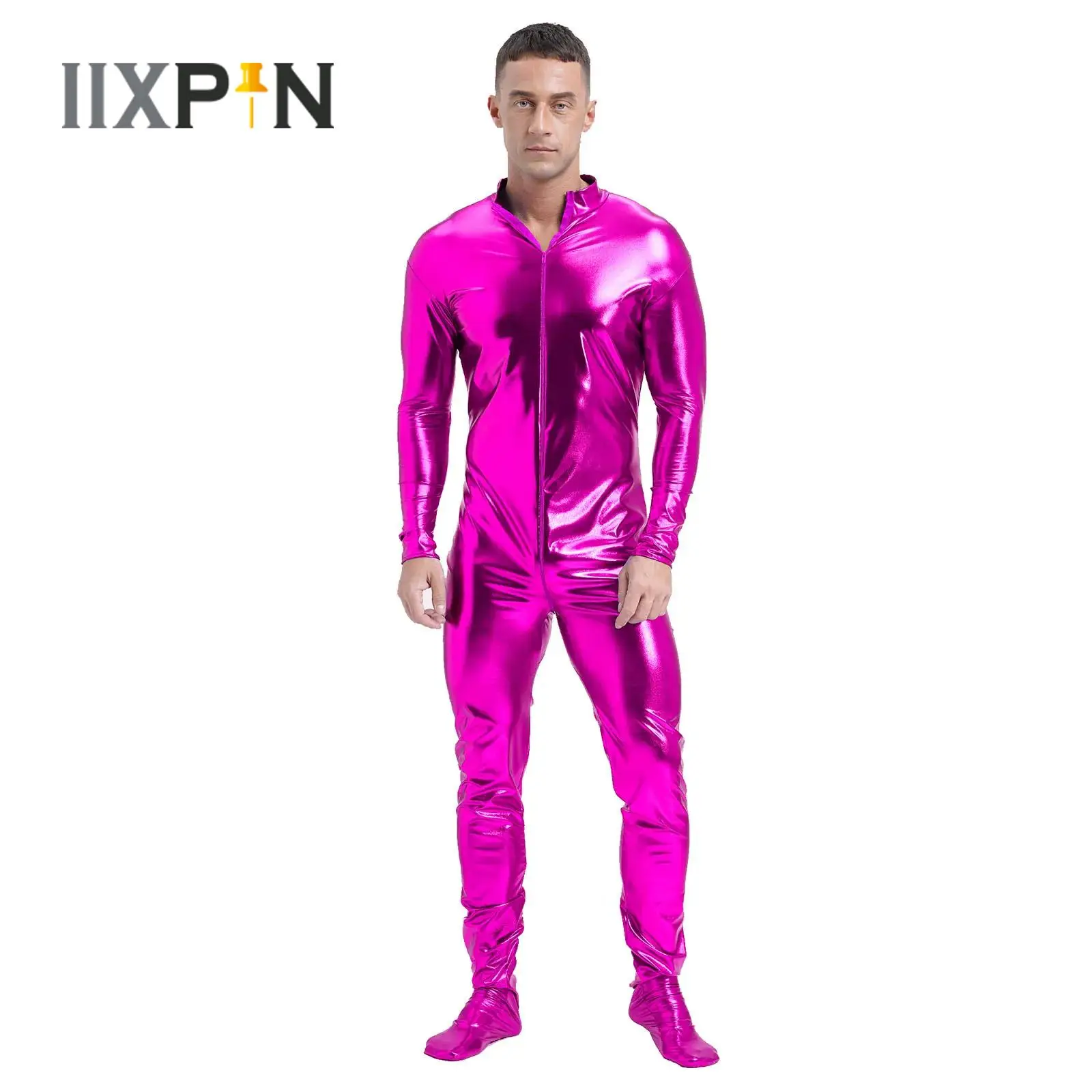 

Mens Shiny Metallic Catsuit Clubwear Rubber Overall Bodysuit Zentai Jumpsuit Long Sleeve Front Zipper Full Body Unitard Tights