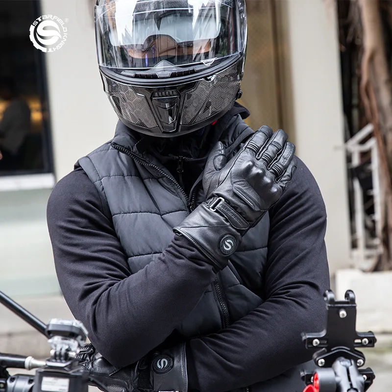 SFK Electric Heated Motorcycle Riding Gloves Goat Leather Waterproof Windproof Touchscreen 3 Heat Levels Winter Thermal Gloves