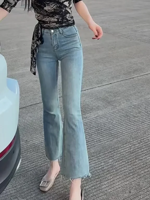 Retro Frayed Hem Nine-Tenths Bell Bottom Jeans Women's High Waist Conceal Hip Slim Elastic Bell Bottoms American Style Denim
