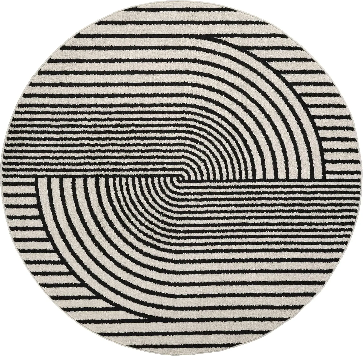 Modern Abstract Geometric Round Area Rug Black Beige Stripe Pattern Boho Living Room Circular Carpet Mat Decor