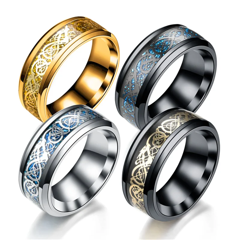 Punk Viking Stainless Steel Celtic Dragon Ring for Men Personality Inlaid Red Blue Black Carbon Fiber Rings Wedding Band Jewelry