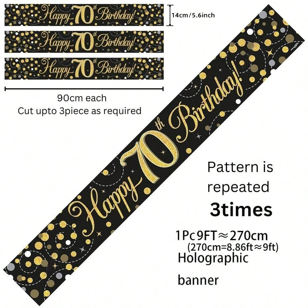 Schwarz-Gold Happy Birthday Banner, 9 Fuß Zuschneidbar mit Glitzerpunkten-Design für 18., 21., 30., 40., 50., 60. Party-Dekoration – Detail 4