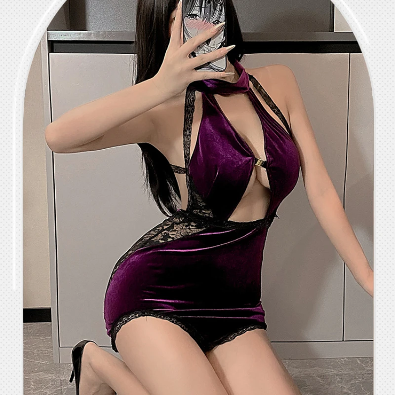 Women Fashion Tight-fitting Bag Hip Skirt Thin Backless Suspender Dress Role Playing Secretary Uniform Temptation Sexy Cheongsam