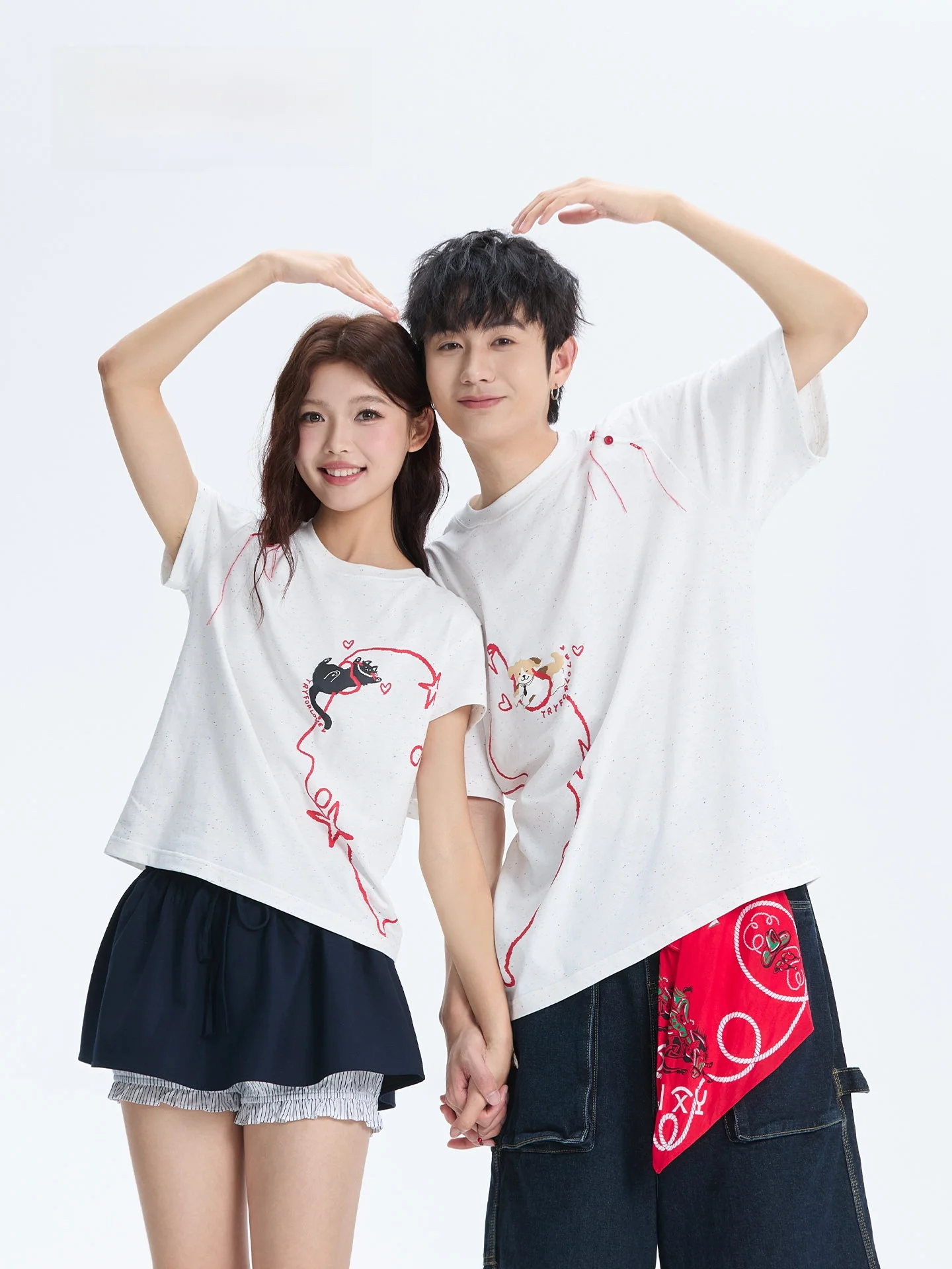 

Tryforlove Couples Matching Heart Print Short Sleeve T-Shirt Loose Casual Top for Men And Women Summer Comfortable Cotton Tee