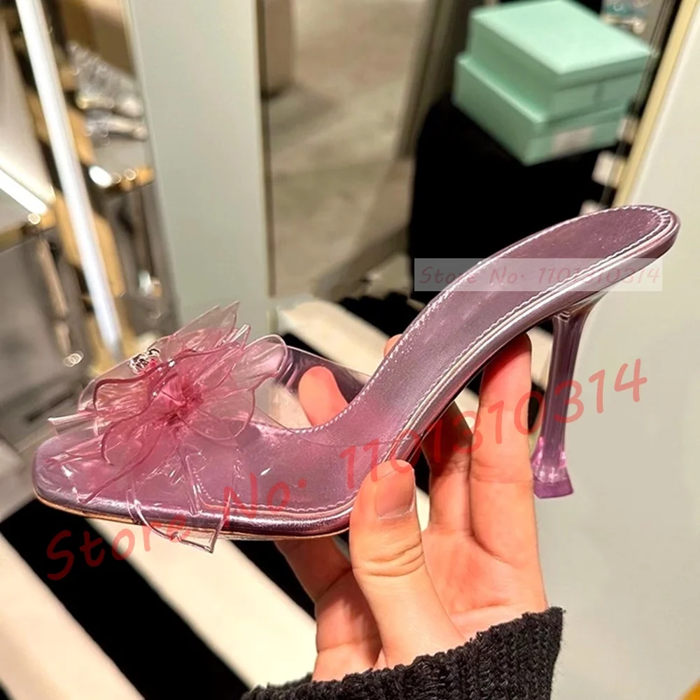 

Pvc Flower Metallic Pink Slippers Women Luxury High Heels Square Toe Shoes Female Rhinestones Pistil 2023 Summer Elegant Slides