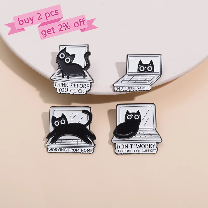 Black Cat Enamel Pins Custom THINK BEFORE YOU CLICK Brooches Lapel Badges WORKING FROM HOME Funny Jewelry Gift for Friends