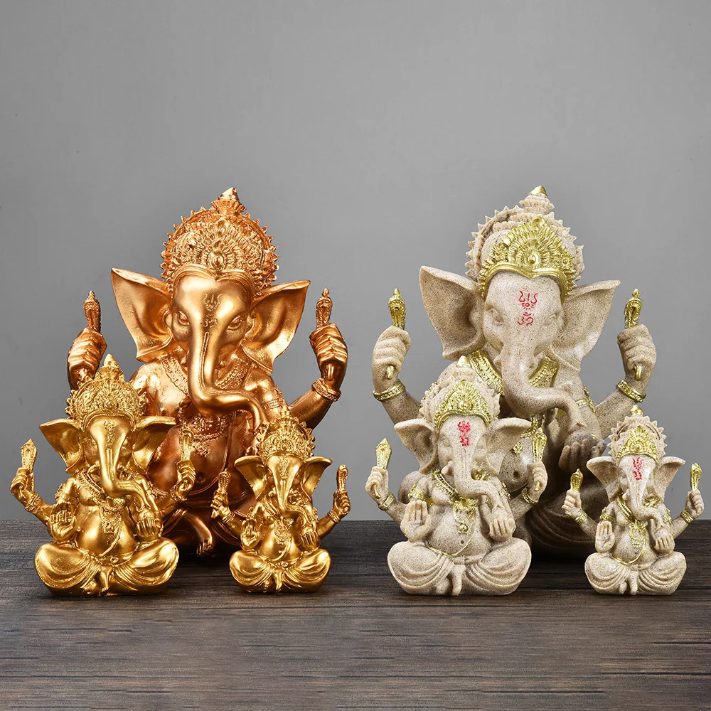 Buddha statue, religious idol, golden gold-painted lotus, elephant trunk god, resin sandstone craft jewelry
