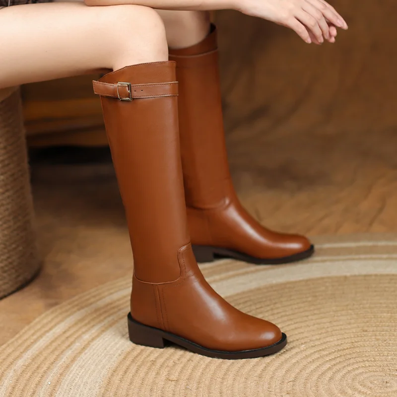 Women Genuine Leather Motorcycle Knee High Boots SmallHut Winter Black Brown Mid Thick Heeled Boot Ladies Buckle Round Toe Shoes