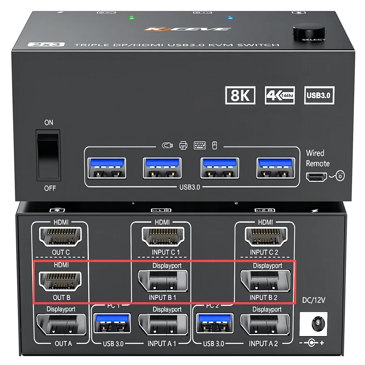 

KVM Switch 3 Monitors 2 Computers, KCEVE USB 3.0 HDMI + DisplayPort Triple Monitor DP KVM Switch for 2 PC Share 4 USB 3.0 Device