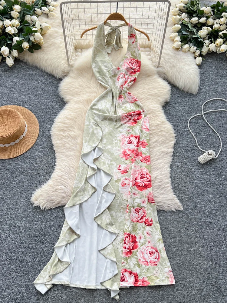 ชุดเดรสยาวทรงเอพิมพ์ลายสำหรับผู้หญิง สไตล์เกาหลี เอวสูง ทรงเข้ารูป ผ้าพลีท ช่วยพรางหุ่น เหมาะสำหรับฤดูร้อน