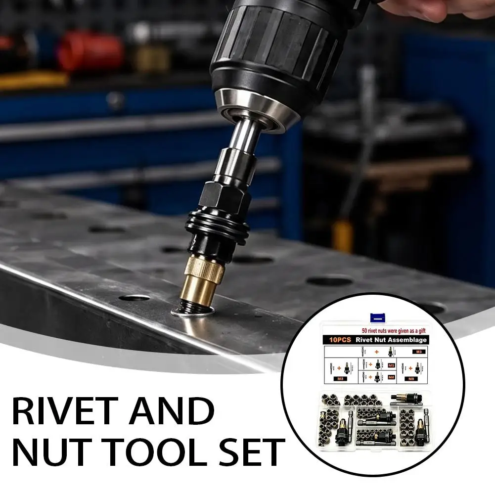 10Pcs Pull Rivet Nut Kit Auto Head Rivet Nut Tool M3 M4 M5 M6 M8 Kit Repair Accessories Riveter Rivnuts Set Gift Tools