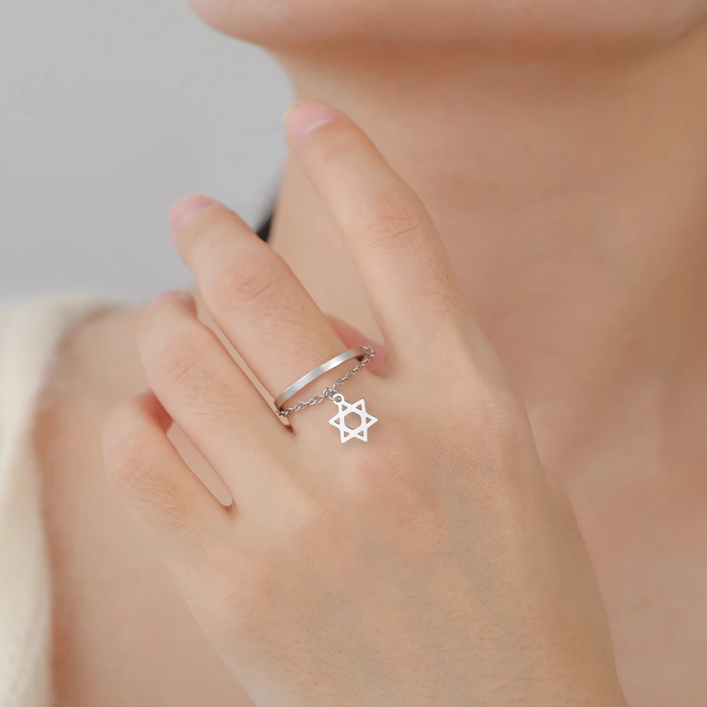Dawapara Vintage Stern Kette Quaste Verstellbarer Ring Hexagramm Pentagramm Kreuz Charm Edelstahl Damen Schmuck – Detail 4