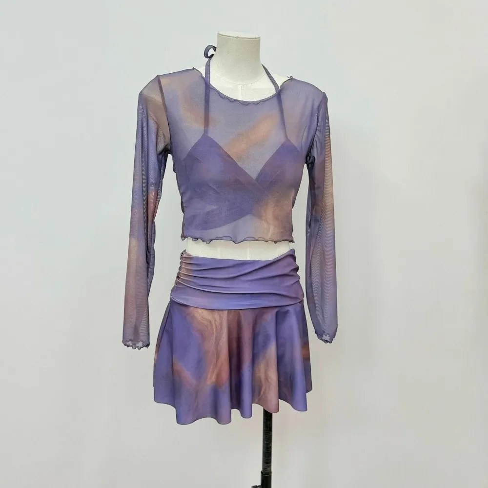 Sweet Tie-dye 3 in 1 Swimwear Set Purple Sun Protection Long Sleeve Swimsuit Beachwear camisole Bikini Bathing Suit Vacation
