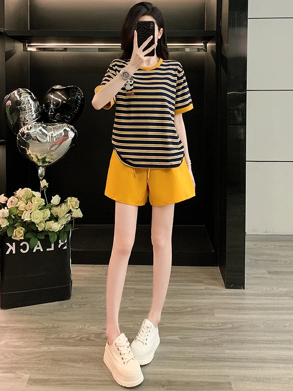 

Summer New Vitality Youthful Casual Sportswear Set Women Trendy Slimming Stripe Short Sleeve T-Shirt Shorts Two Piece Set