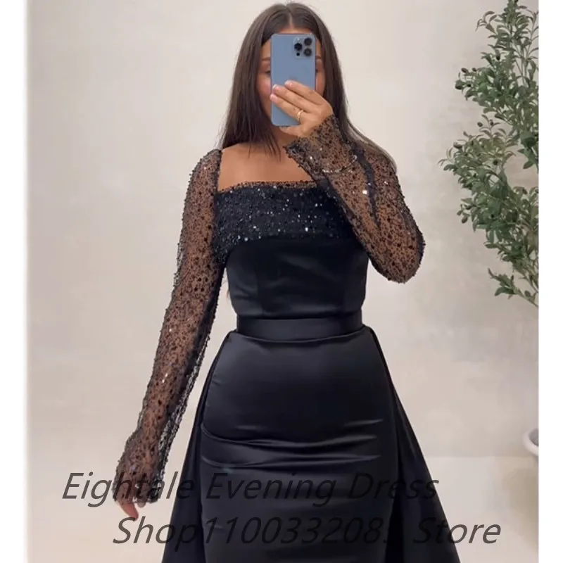 Eightale Customized Black Mermaid Satin Evening Dress Removable Skirt Sequin Long Sleeve Prom Dress Dubai Formal Party Gown