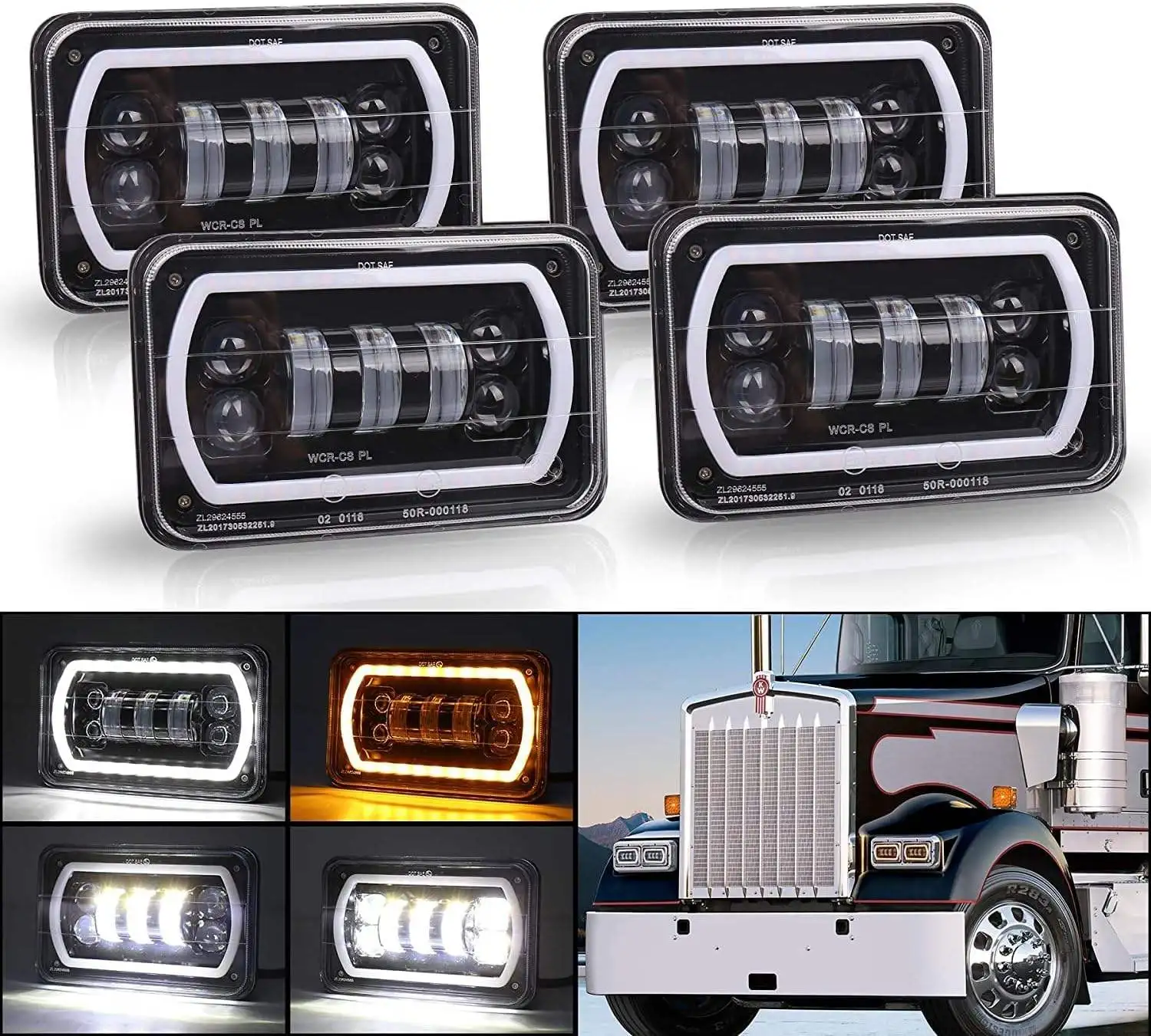 OVOVS 4x6 Inch Sealed Beam LED Headlight White Yellow Halo H4651 H4656 H6545 For Kenworth Peterbilt Semi Truck
