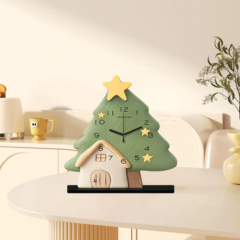 Cartoon Christmas Tree House Home Decoration Desktop Clock, Premium Living Room Table Clock, Decor Ornament