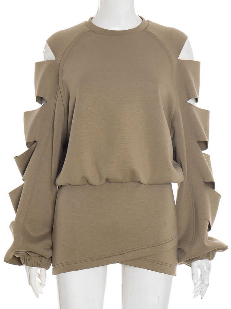 ชุดเซ็ต 2 ชิ้น เสื้อยืดแขนยาวคอกลมแบบโปร่ง+กระโปรงไขว้ ทรงเข้ารูป ยืดได้ สไตล์ลำลองสุดเท่ แฟชั่นสตรีทแวร์