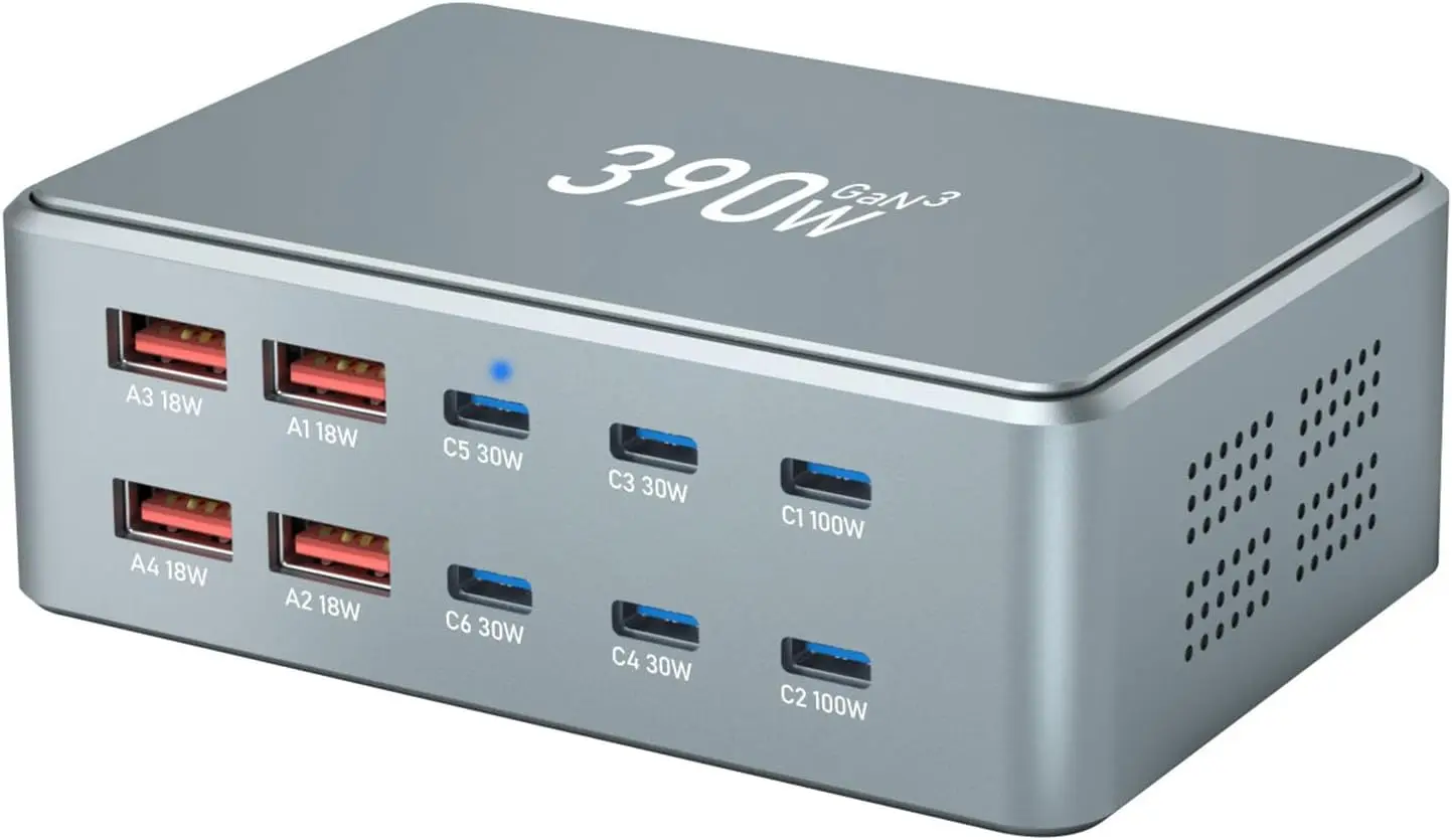 

Зарядное устройство USB-C мощностью 390 Вт с 10 портами, зарядная станция GaN 100 Вт PD для iPad, iPhone, MacBook, Samsung Galaxy