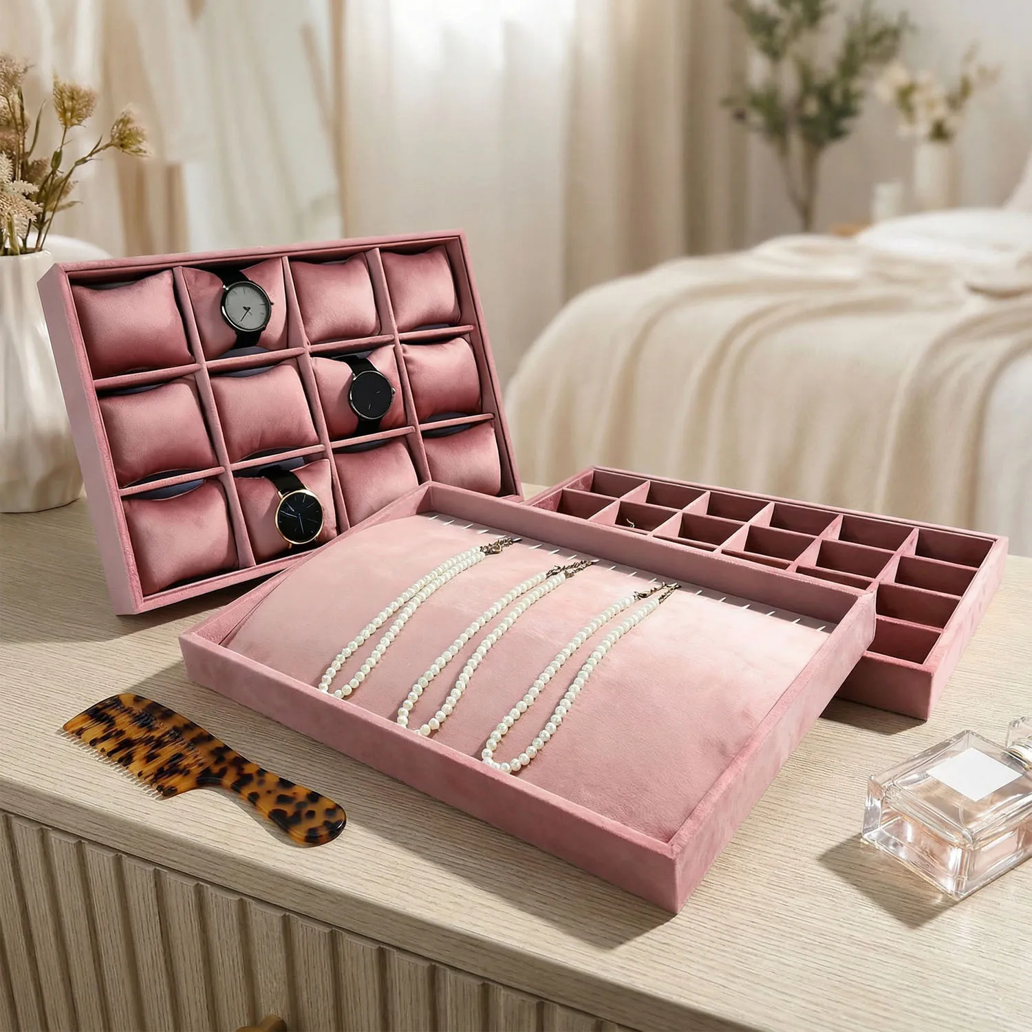 Pink Velvet Stackable Jewelry Trays Grids Rings Earrings Bracelet Watch Showcase Display Tray for Presentation Selling Store