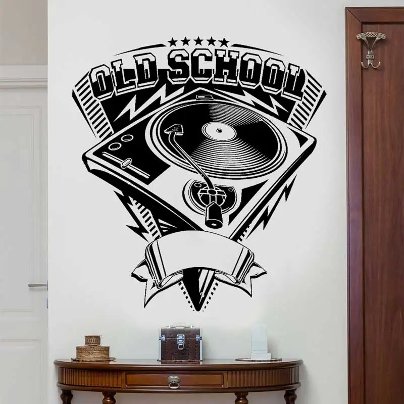 Pegatina de vinilo para pared, tocadiscos de música de la vieja escuela, música, hobby, concierto, bar, entretenimiento, casa club, art deco, mural, regalo