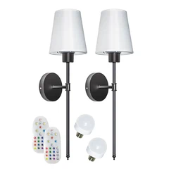 Cordless Black Wall Sconces Set Of 2 Retro Industrial Battery Fabric Wall Lamps for Bedroom Living Room Corridor Kitchen light