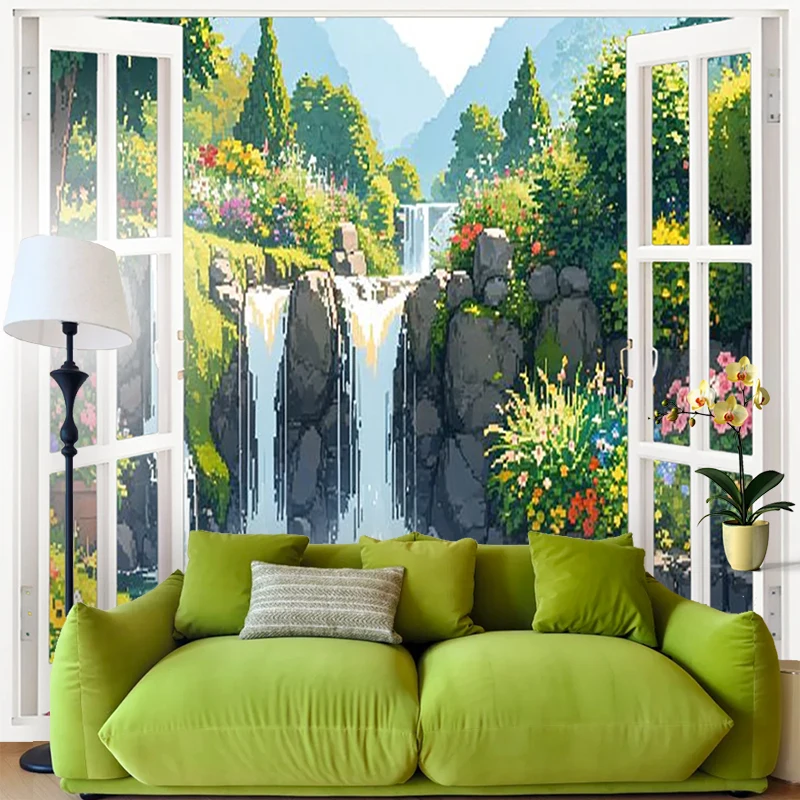 1PC Digital Print Tapestry Wall Hanging, Fake Window Autumn Forest Golden Leaves Art, Nature Scenery 3D Window Wall Art Decor - view 2