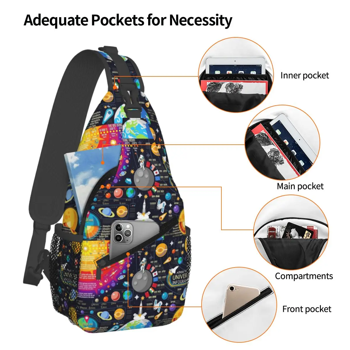 Space Universe Infographics Big Bang Chest Bag Men Sling Crossbody Backpack Chest Bag Travel Hiking Daypack Shoulder Bag