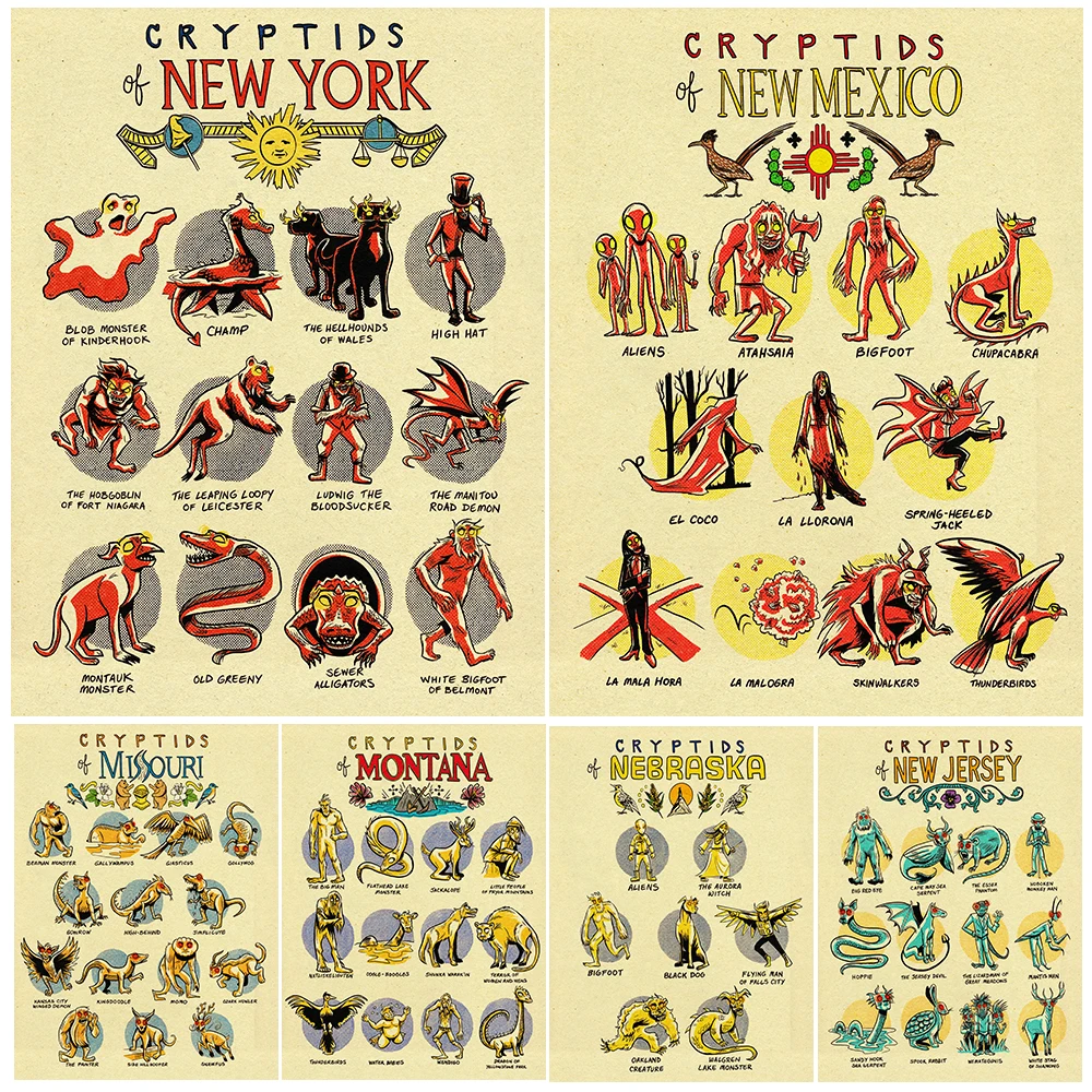 

Cryptids Of New Mexico And Missouri, Vintage Wall Art Canvas Painting, Jackalope,Beaman Monster, Aurora Witch, Art Poster Print