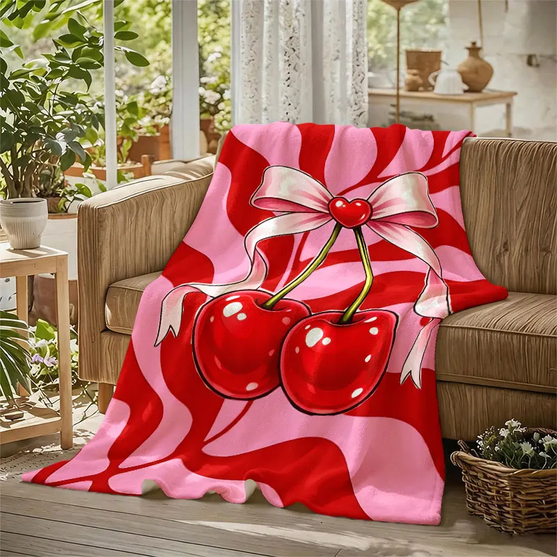 Cherry Bow Decor Flannel Blanket Warm Soft Halloween Christmas Decorative Couch Warm Cozy All-Season Gift