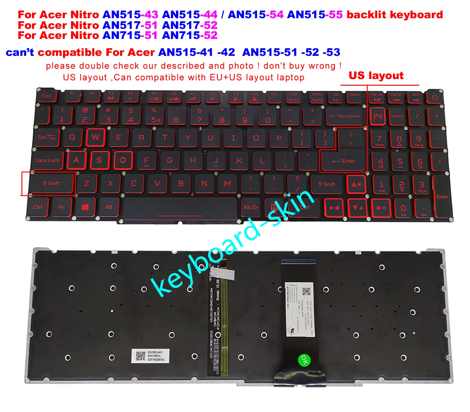 New US backlit Keyboard For Acer Nitro AN515-54/-55 AN515-43/-44 AN517-51/-52 AN715-51/-52 N20C2,N18C3 N18C4 series laptop