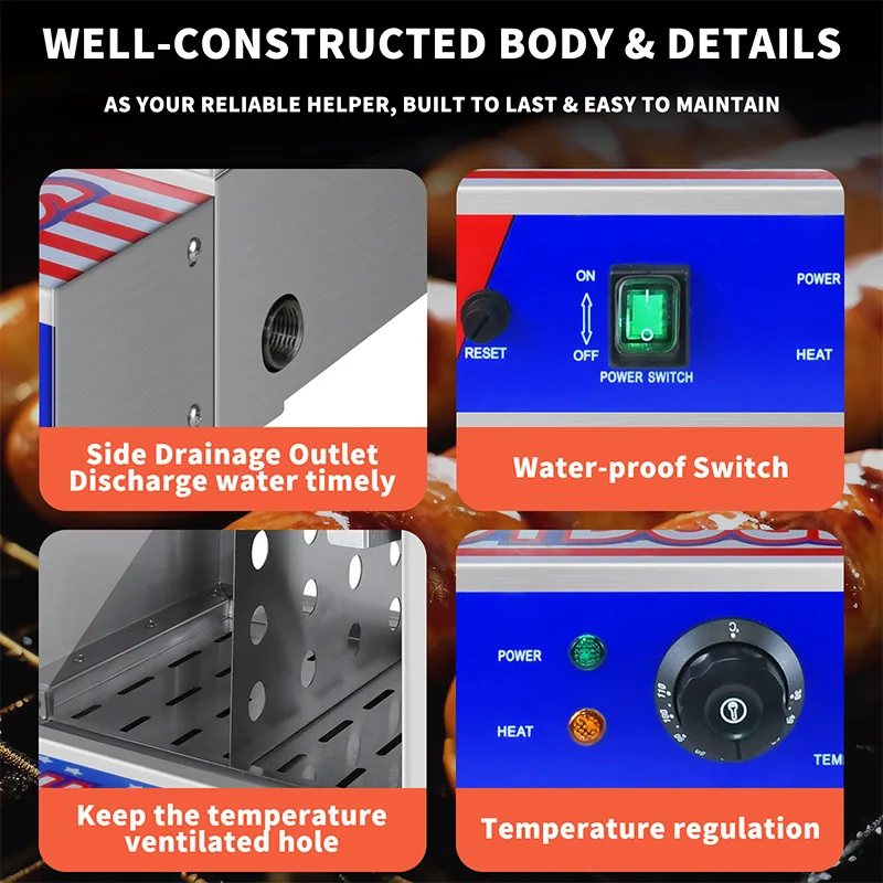 Macchina per la cottura a vapore per hot dog commerciale in acciaio inossidabile da 1,5 kW con armadio riscaldante per il controllo della temperatura