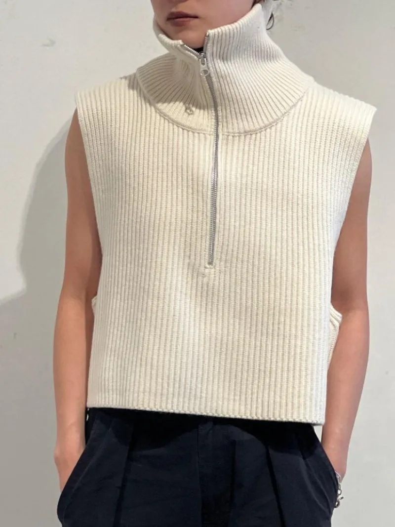 Spring Sleeveless Womens Clothing Stand-up Collar Zip Sweater 2024 New Ropa Mujer Casual Pullover Tops Women Japan Knitwears