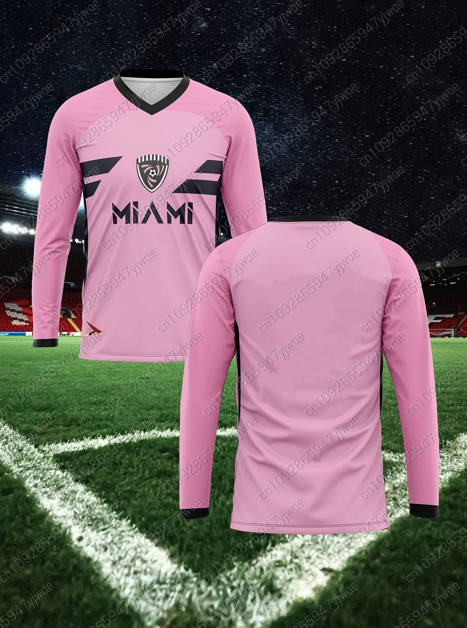 2025 رجل ميامي لكرة القدم جيرسي الخامس الرقبة طويلة الأكمام كرة القدم تي شيرت الرجال الرياضة التدريب الفانيلة خمر عطلة رجل تي شيرت برقبة على شكل v