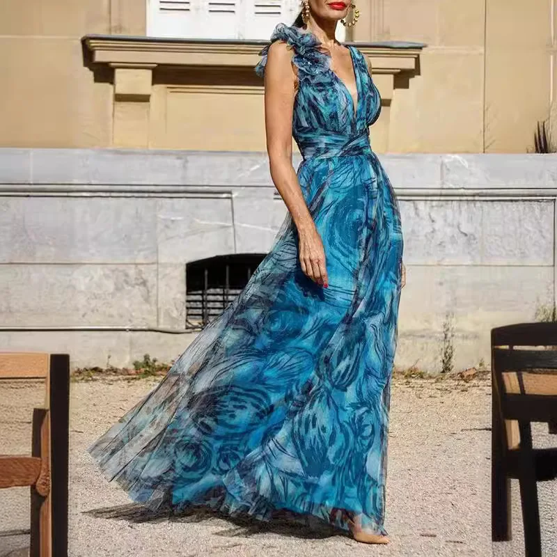 

Women Princess Sleeveless Deep V-neck Flower Print Maxi Prom Dress Women Elegant High Split Chiffon Party Evening Vestidos