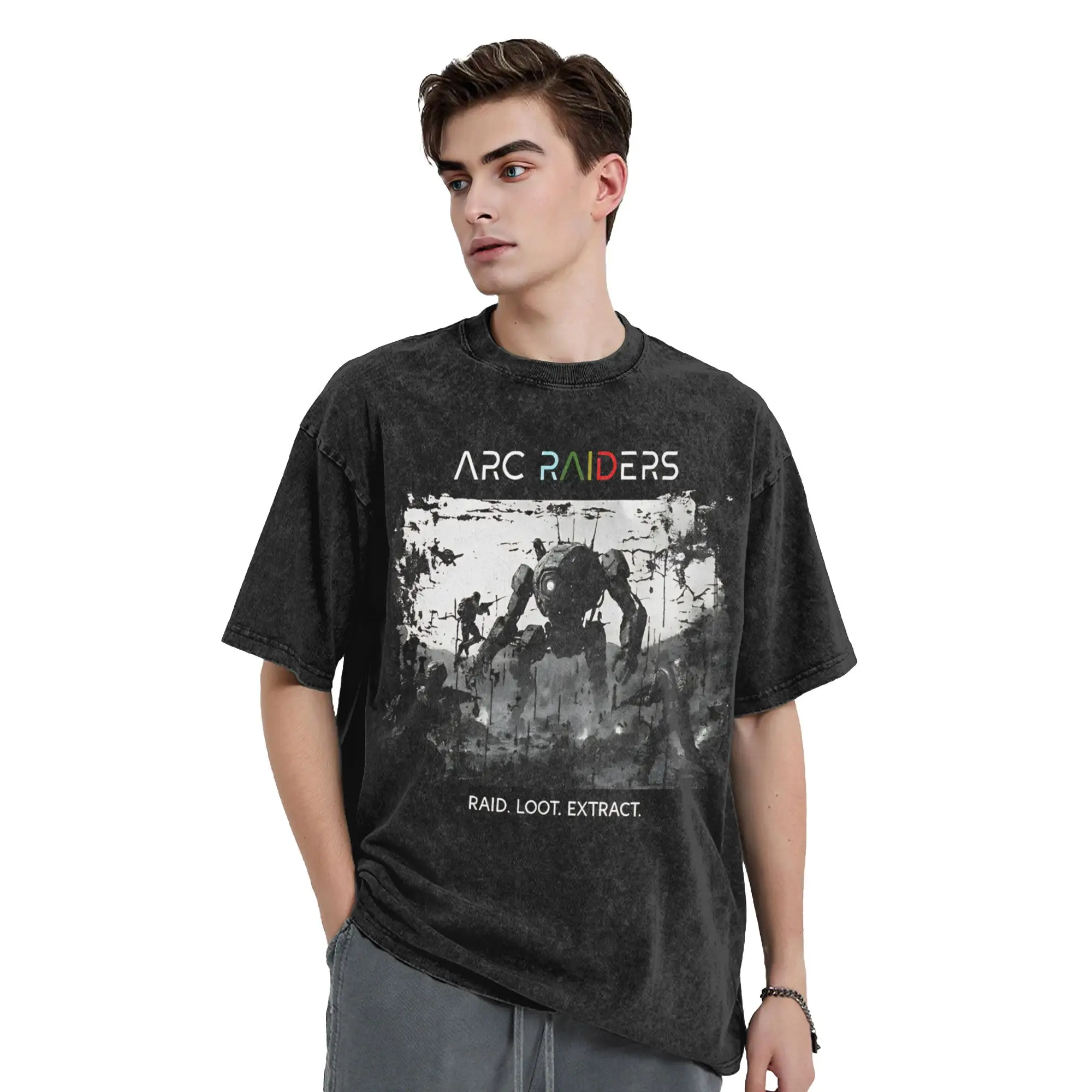 Leisure Arc Raiders Robots Vintage Washed T-Shirt Men Round Neck Short Sleeve Tops  Cotton Summer TopsTops