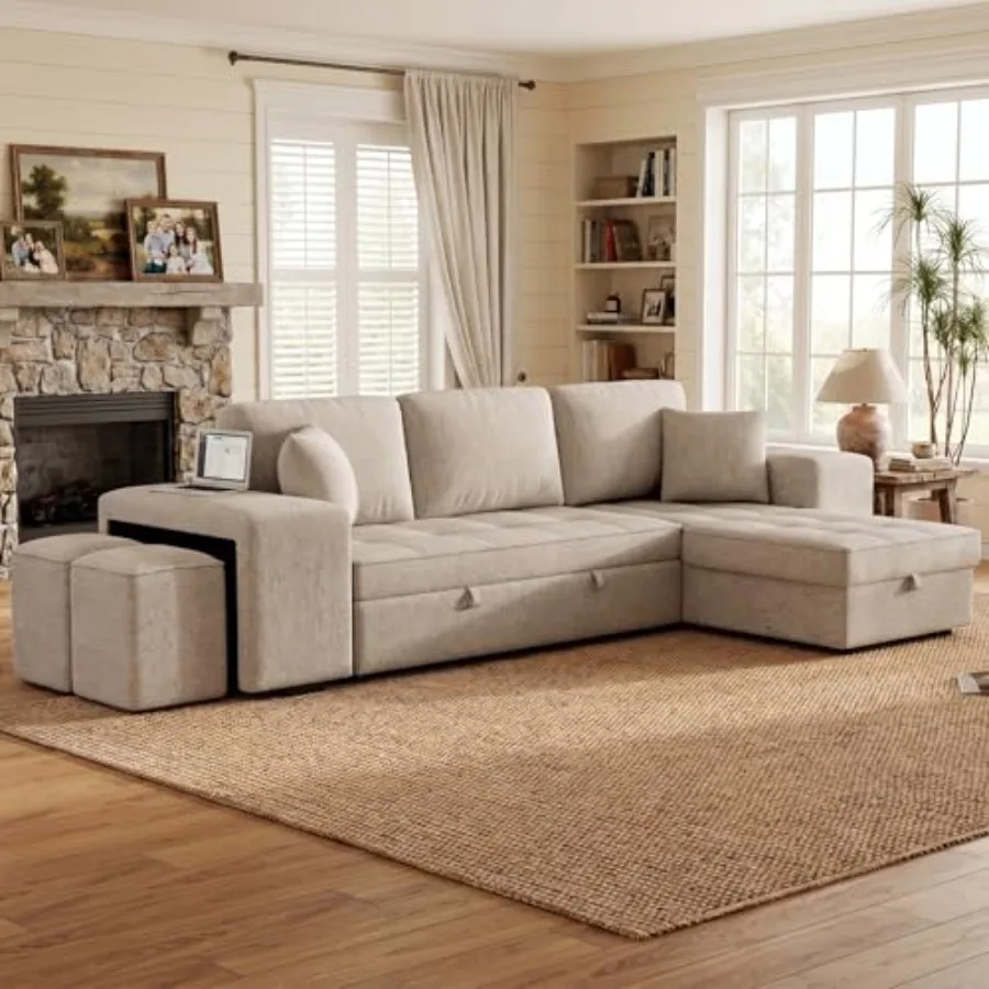 

104.5" Reversible Sleeper Sectional Sofa Bed, Tufted L Shaped Convertible Pull Out Sectional Sofa Bed with Storage Chaise Loung