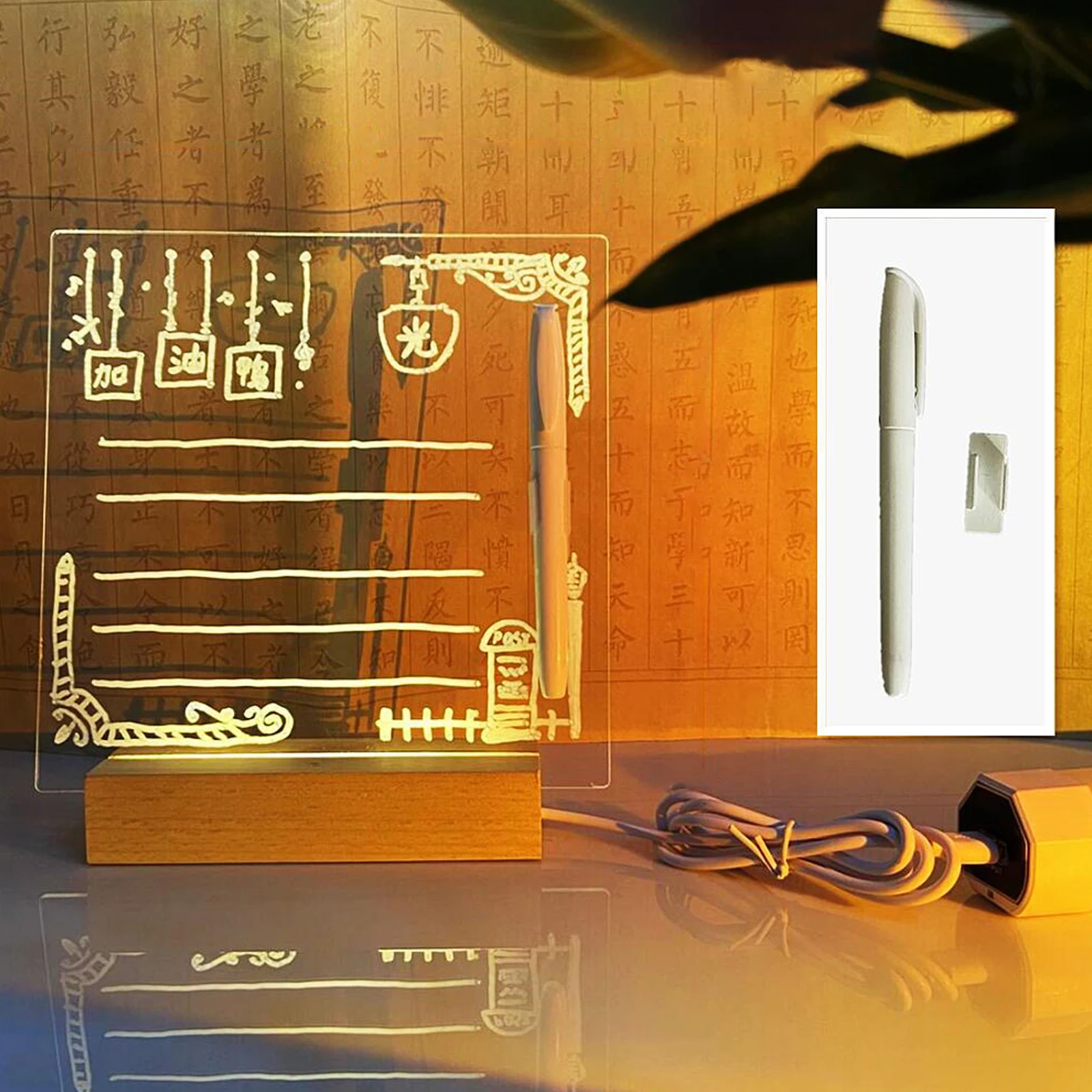 

Acrylic Dry Erase Board 20x20CM Wood Base White Pen LED Light Note Memo Home Office School Desk Display Notice Products