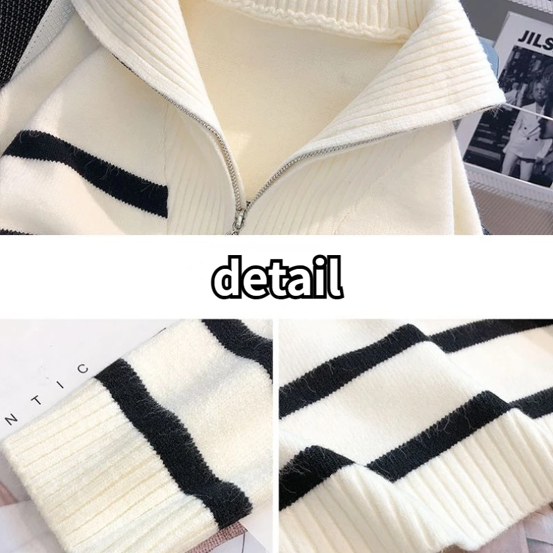 Striped Sweater Pullovers Women Loose Autumn Winter Zipper Casual Soft Harajuku Tender Sueter Mujer Classic Warm Cozy All-match