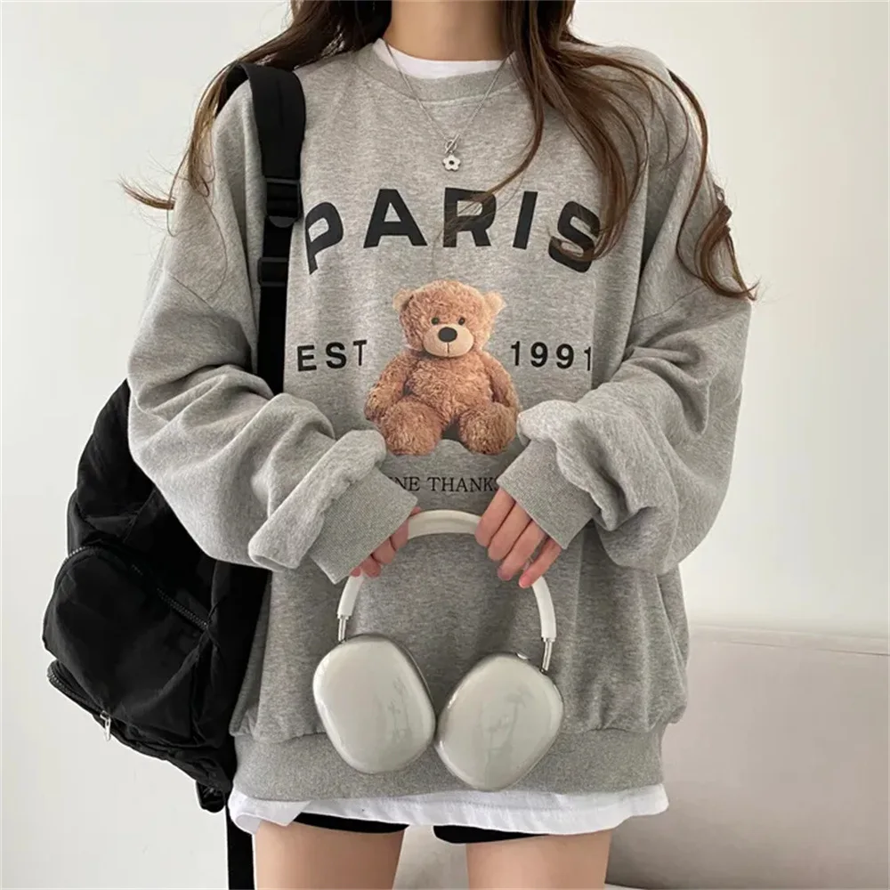 Women Sports Fashion Casual Hooded Bear Printing Hoodies Warm O-neck Sweatshirt Fleece Hoody Novelty Tide Clothes Spring