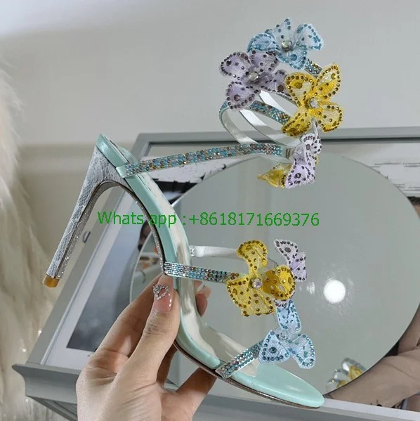 

Dress Ladies Rhinestones Slingback Floral Wrap Sandals White Pink Women Luxury Snake Spiral Thin High Heel Fashion Wedding Shoes