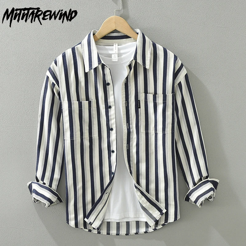 

2024 Spring Summer New Male Shirts Daily Causal Full Sleeves Shirt Lapel Striped Shirt with Pockets Fresh Loose Men's Tops Youth