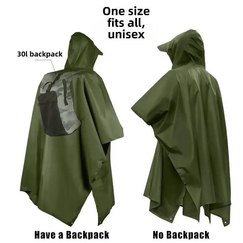 3-in-1 Tactical Poncho Rain Cape with Hood (Camo Design) - Waterproof Polyester Cloth for Hiking Camping Backpacking