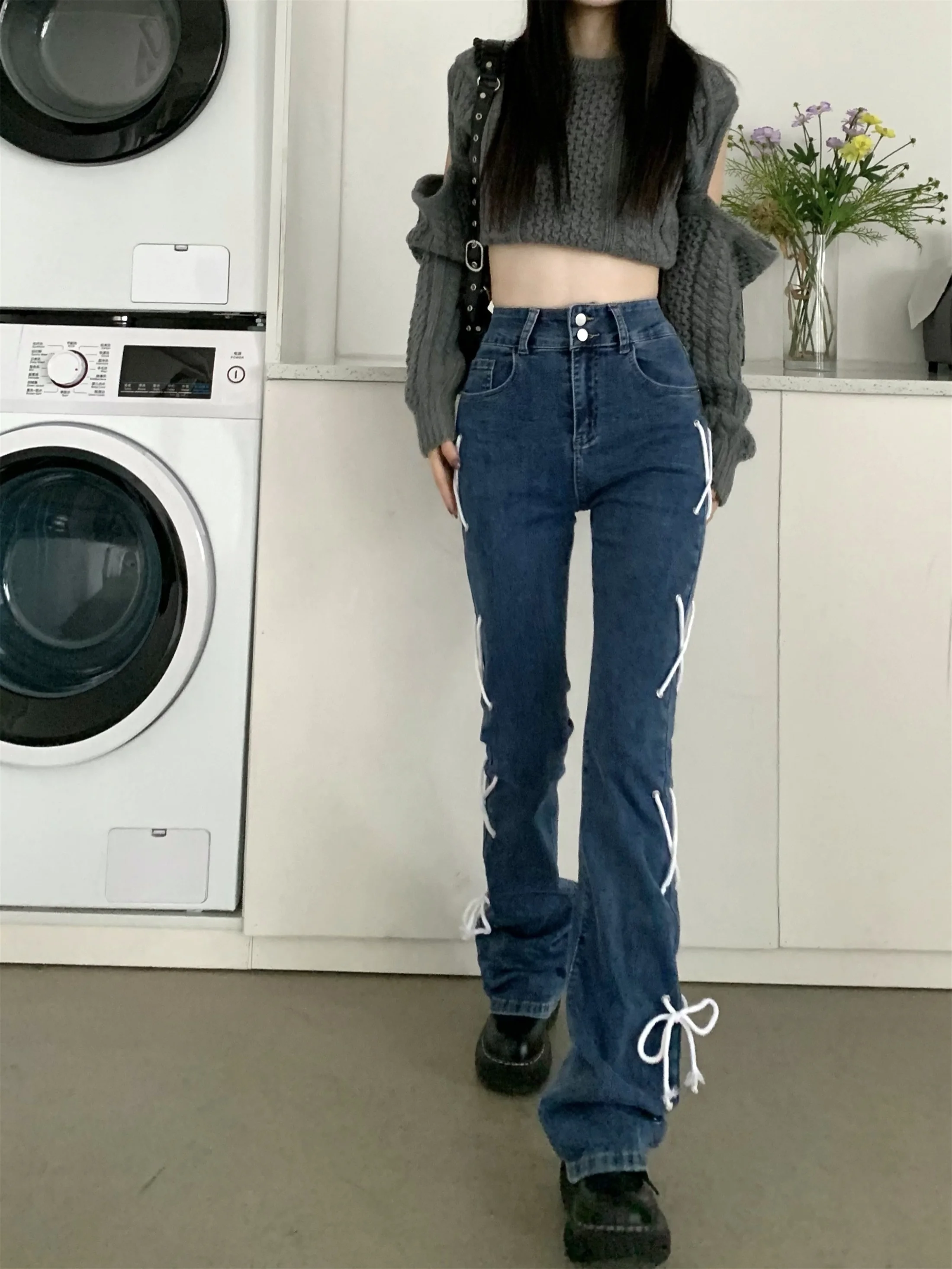 2024 American Retro Harajuku Streetwear Jeans Loose Wide-leg Jeans Look Thin Trendy Bow All-match Mopping Pants Women Blue/Black