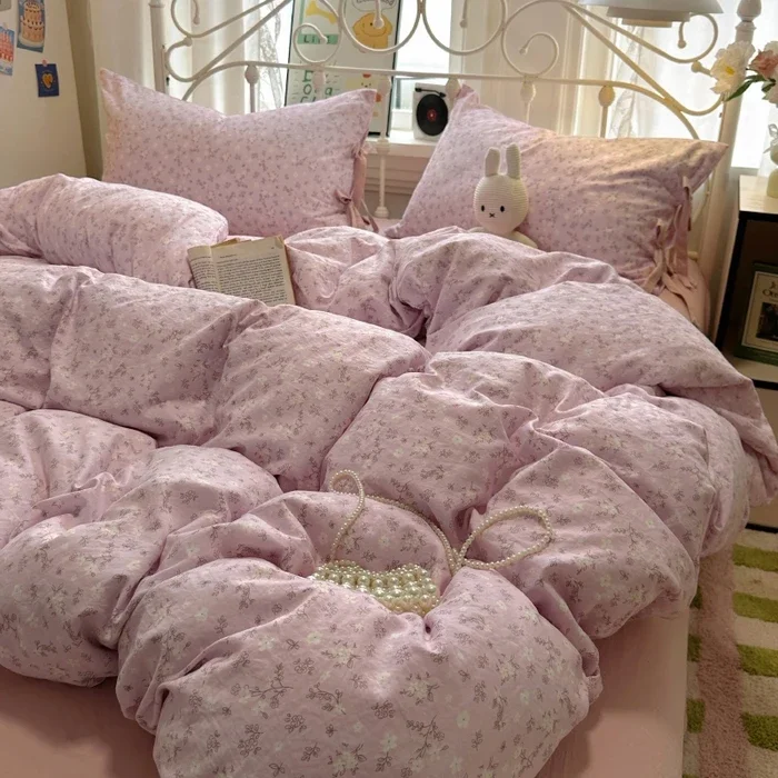 Small flower bow four piece set, soft and skin friendly cotton linen double bed duvet set, dormitory three piece set